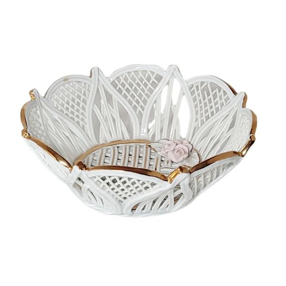 Vintage Porcelain Wicker Style Trinket Basket Floral With Gold Accent 2" x 4" - Picture 1 of 10
